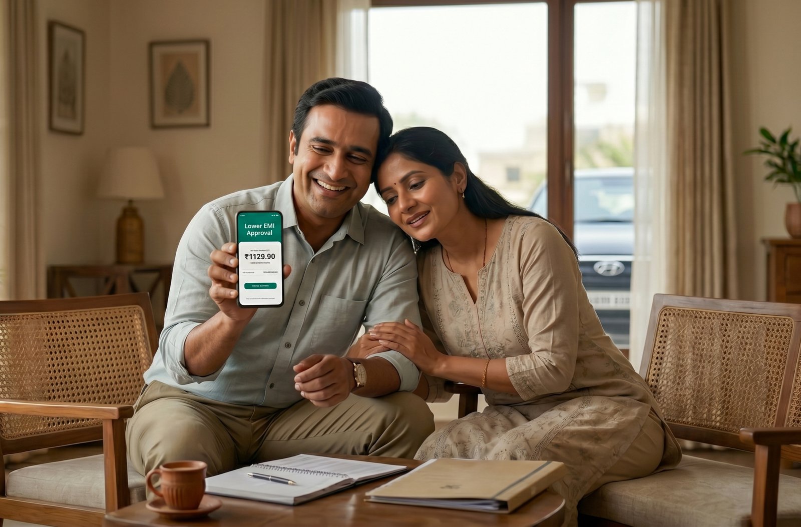 Couple viewing car loan approval on phone